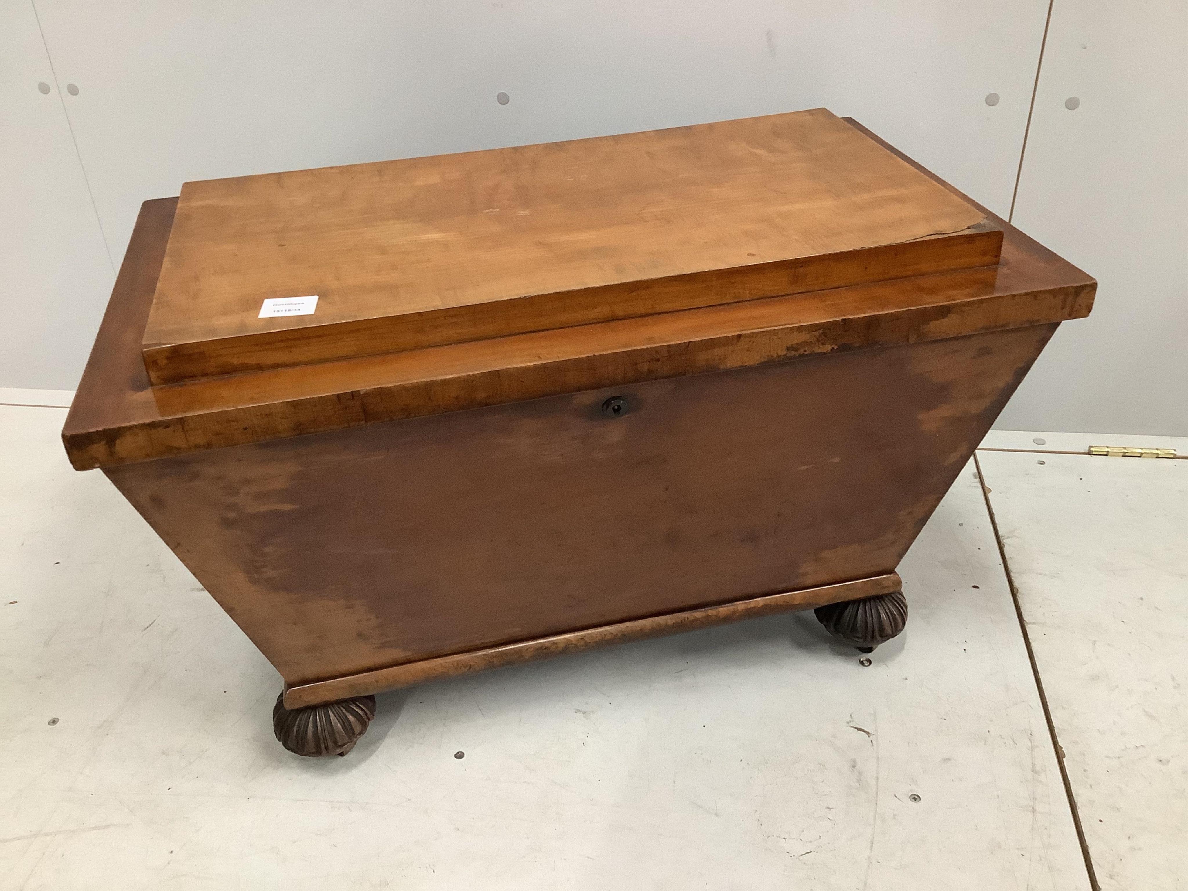 An early Victorian sarcophagus cellaret, (interior lacking), width 78cm, depth 47cm, height 49cm. Condition - fair